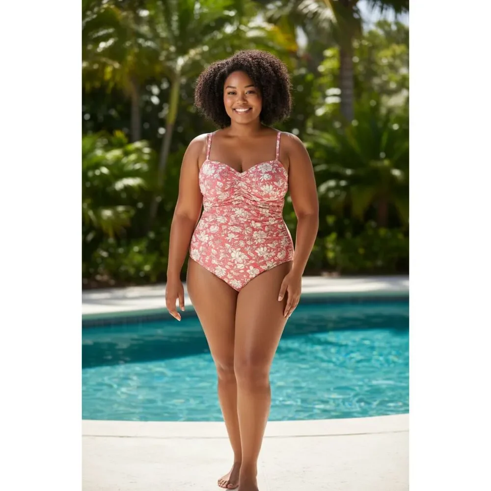 J. Crew Women's 24 Pink Tossed Floral Ruched Sweetheart One-Piece Swimsuit New! - Picture 1 of 11